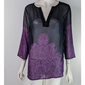 Ann Taylor Boho Sheer Black Purple Mandolin Blouse XS Long Sleeve